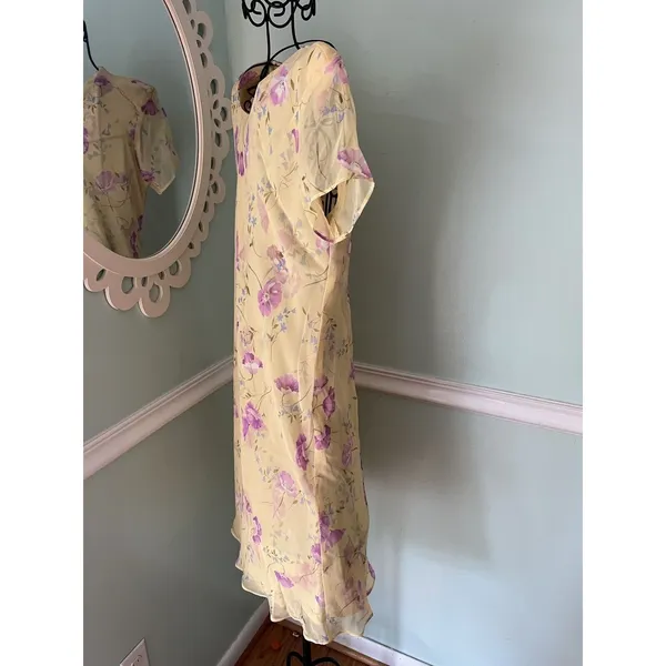VTG y2k R & K YELLOW COTTAGE CORE PRAIRIE TEA PARTY‎ FLORAL DRESS 6 Feminine - Image 2