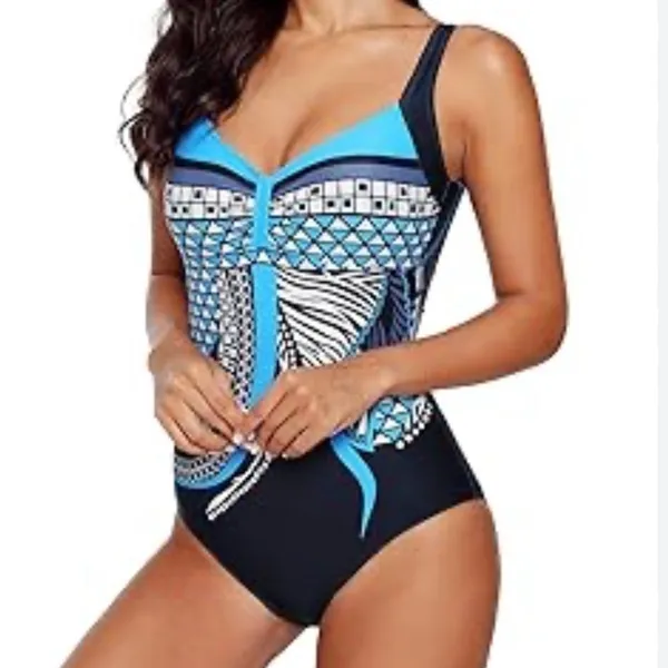 Women's Size Medium‎ One Piece Swimsuit Black Blue Beige Geometric V-Neck - Image 2