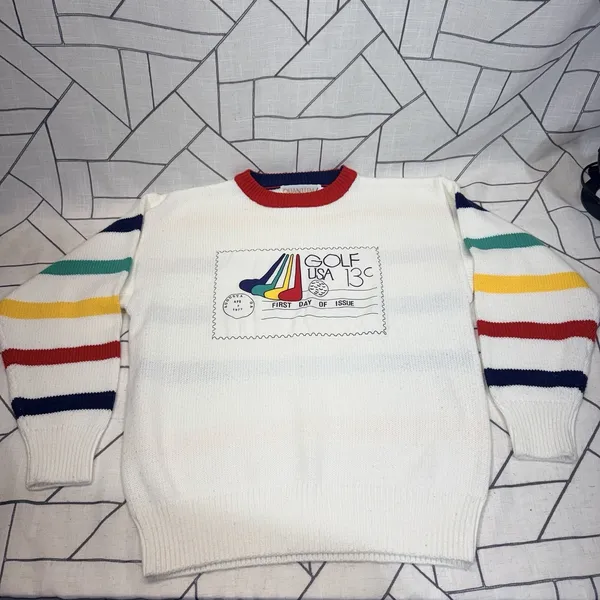 Quantum Sportswear Vintage Golf USA Sweater M White Retro Graphic‎ Stripe Sleeve - Image 4