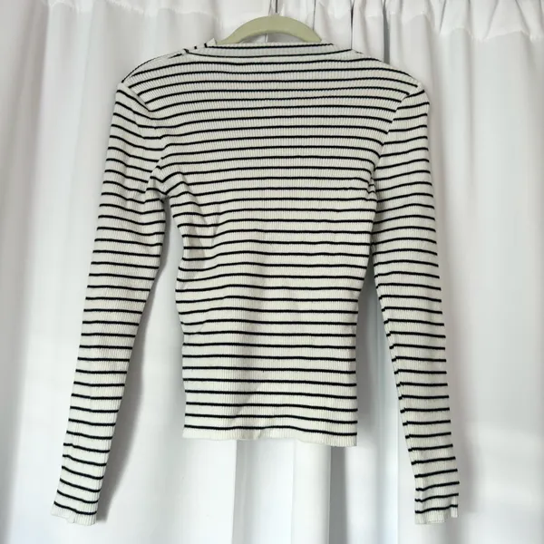 White & Black Striped Mock Neck Sweater - Image 2