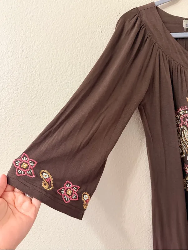 Real Brown Embroidered Boho Tunic Dress Size L Paisley 3/4 Sleeve - Image 4