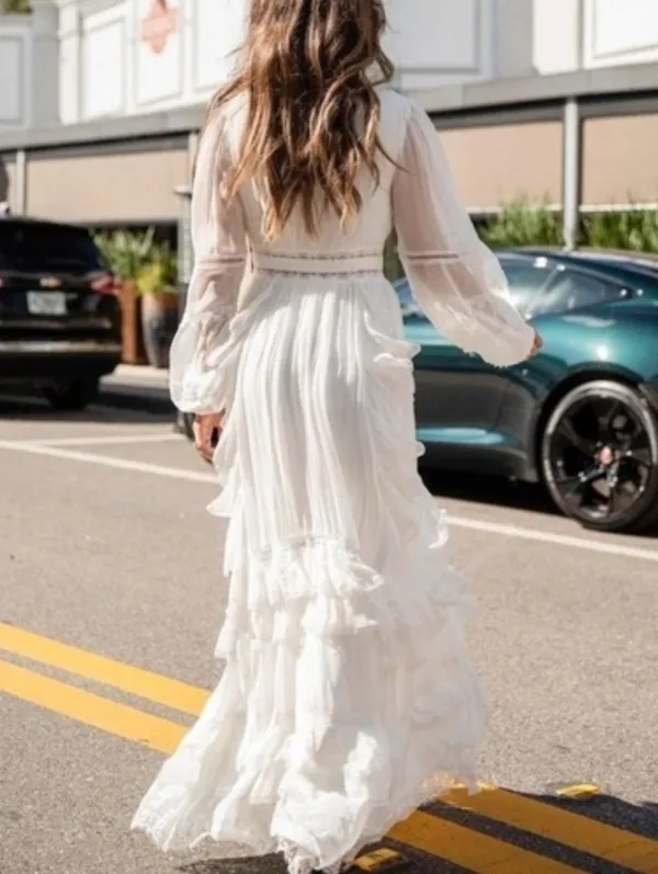 Rococo Sand Mia‎ Long-Sleeve Ruffled Maxi Dress White Lace V-Neck Boho Resort XS - Image 2