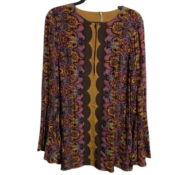 Free People Paisley Bell Sleeve Mini Dress Yellow Purple Boho Retro Size 4‎ - Image 2