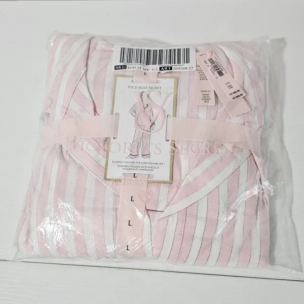 Victoria's Secret Flannel Popover Long Pajama Set-Pink & White -Size L- 26926857 - Image 3