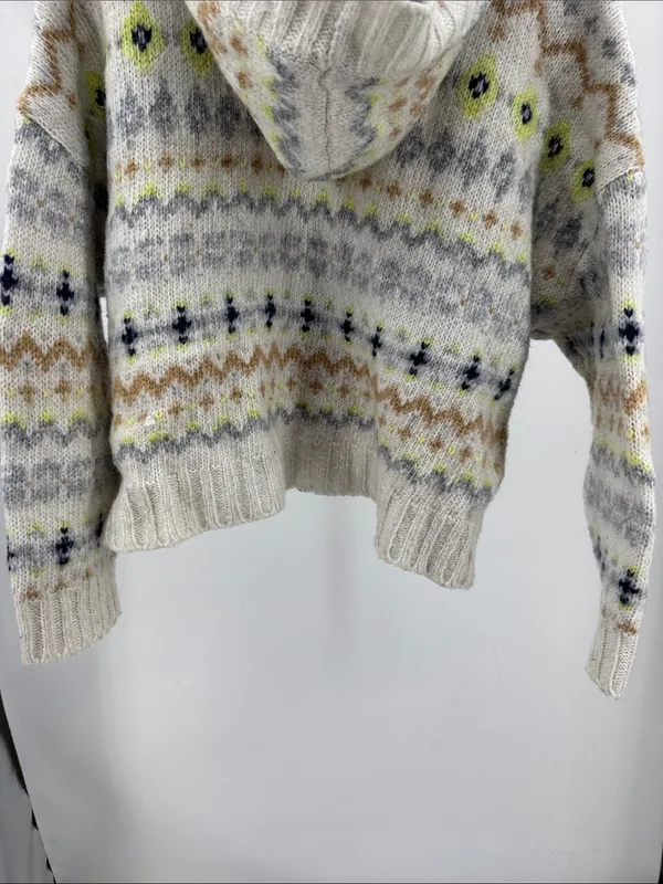 American Eagle Cozy Cream Fair Isle V-Neck hooded Sweater wool blend XL winter - Image 5