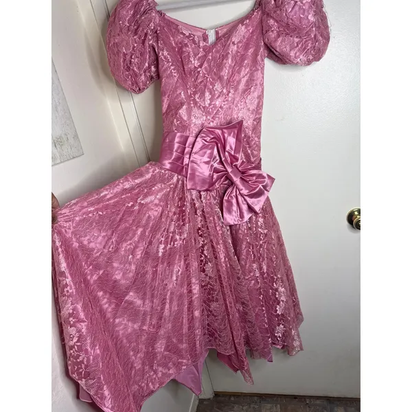 Vintage 80s Pink Lace Prom Dress Puff Sleeve Big Satin Bow Party Princesscore - Image 3