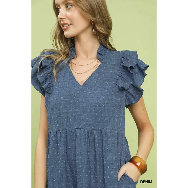 Umgee‎ Textured Ruffle Sleeve Tiered Midi Dress - Denim - Small - Image 4
