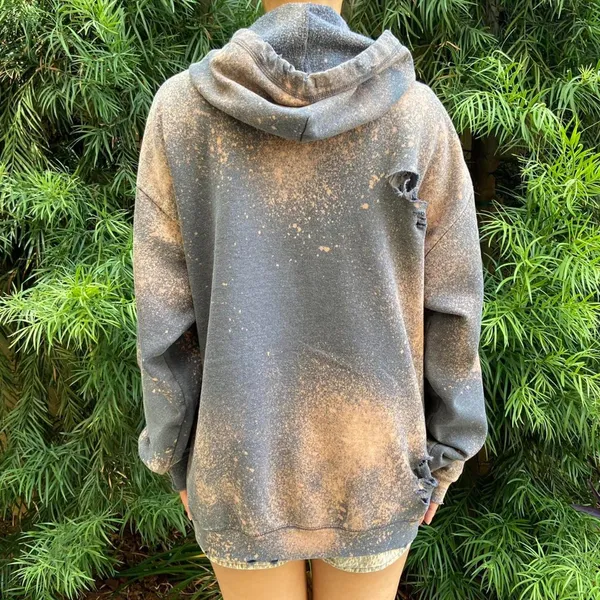 Distressed Stained Gray Destroyed long sleeve pullover Hoodie Size L - Image 3