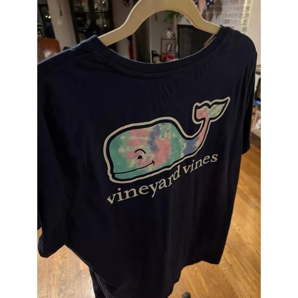 Vineyard Vines navy t-shirt colorful tie-dye whale logo on the back women's L - Image 2