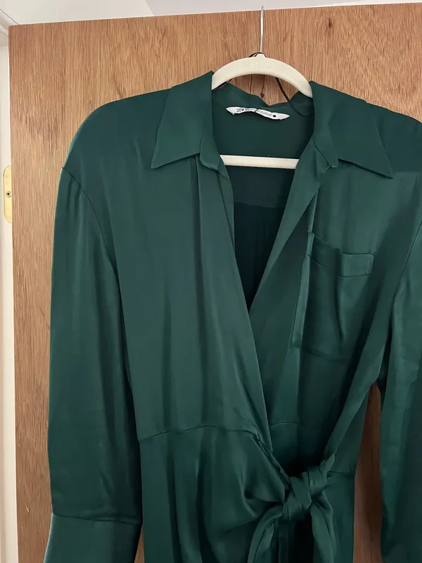 Zara forest teal green satin silky maxi tie dress - Image 3
