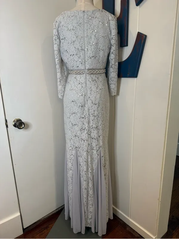 Alex Evenings Silver Grey Lace Long-Sleeve Evening Gown Sz 4 - Image 2