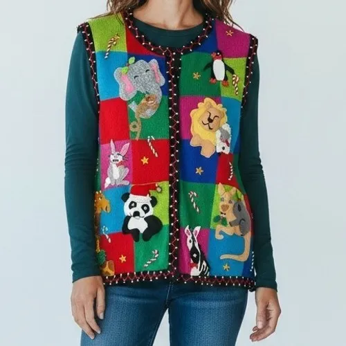 Vintage Christine Rotelli Christmas‎ Safari Animal Patchwork Knit Sweater Vest - Image 3
