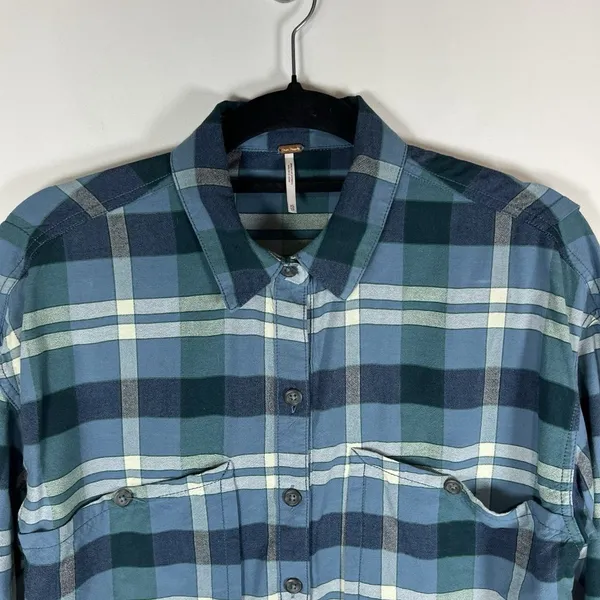 Free‎ People Loveland Plaid Button Down Shirt Blue Rayon Cotton Tunic Sz XS Boho - Image 2