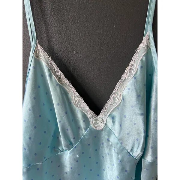 Adonna Light Turquoise Blue Polka Dot Satin Slip Dress with Lace Trim - Image 3