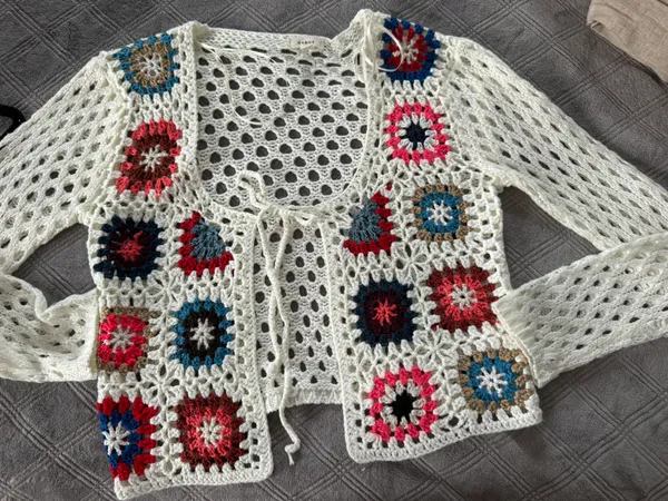 Women’s Crochet Cardigan - Ivory/Multi size S - Image 3