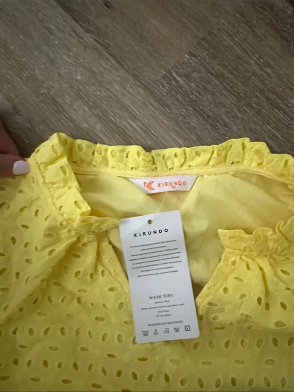 Womens Yellow Eyelet Tiered Dress puff sleeve - Image 3