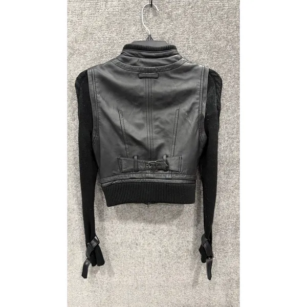 Vintage Bebe Women Jacket XS Black Leather Moto Fabric Sleeves Y2K - Image 3