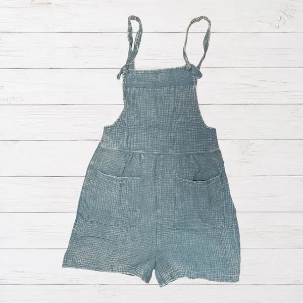 Boho Dusty Blue Gauze Shortalls Romper Acid Wash Cotton Cottagecore Small Zenana - Image 2