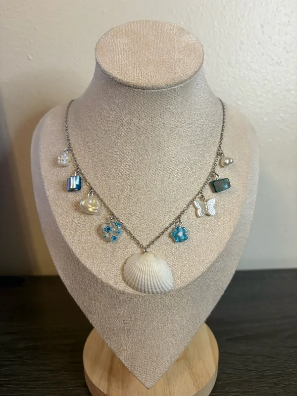 Handmade Silver Blue/Pearl Beachy Charm Necklace - Image 4