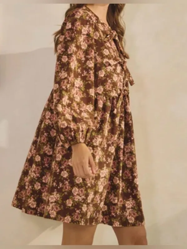 Bohme LovLov Beatrice Corduroy Brown Floral Mini Dress size large - Image 2