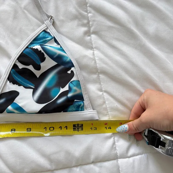 Tropical Leaf Print Triangle Bikini Top Blue White Teal Small Adjustable Straps - Image 2