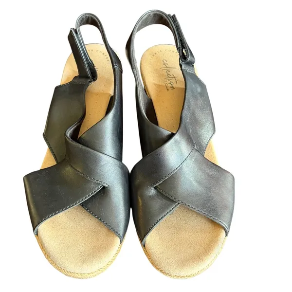 Clarks Lafley Alaine Wedge Sandals Womens 9.5 Black Leather‎ Comfort Espadrille - Image 3