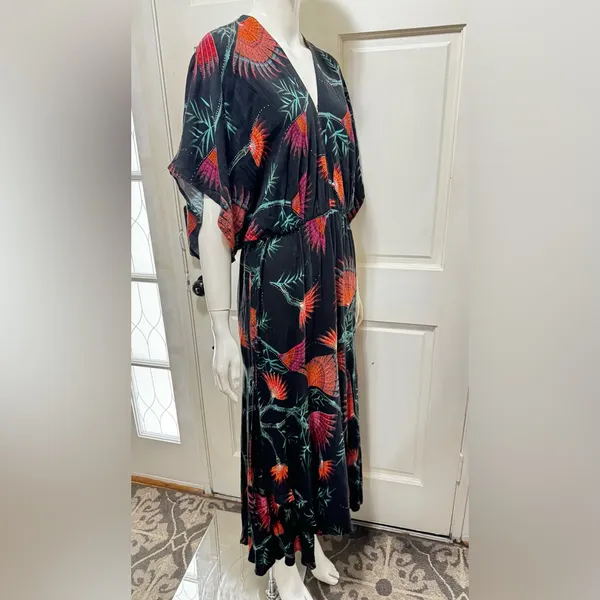 Farm Rio Anthropologie Valentina Black Maxi Orange Tropical Floral Print Sz S - Image 5