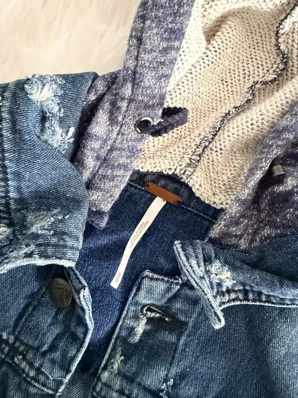Free People Knit Hooded Distressed Denim Jacket Size XS - Image 2