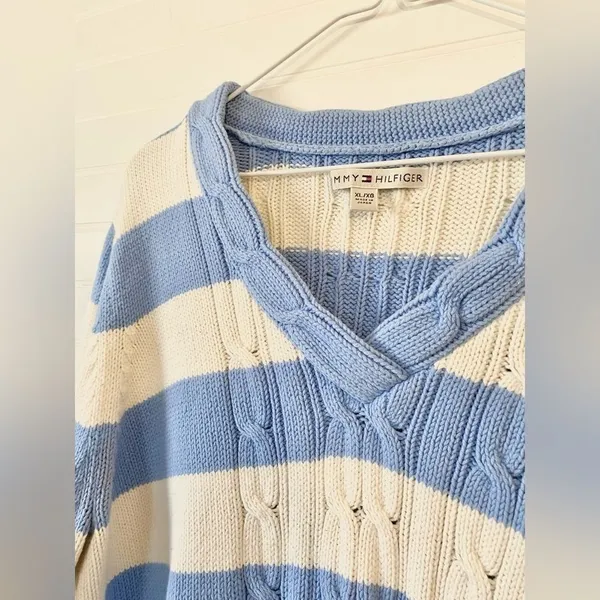 Vintage 90’s Y2K Tommy Hilfiger Striped Chunky Cable Knit Sweater - Image 2