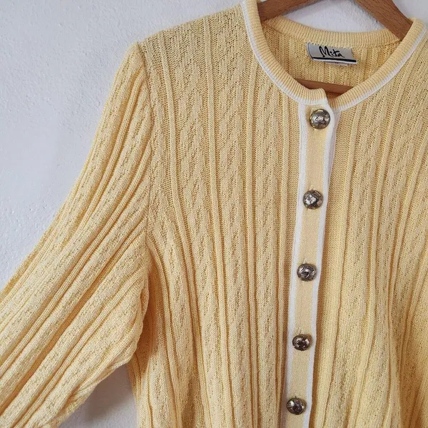 Mita Cable Knit Cardigan Vintage Long Sleeve Gold Buttons 80s Size 14 Yellow - Image 6