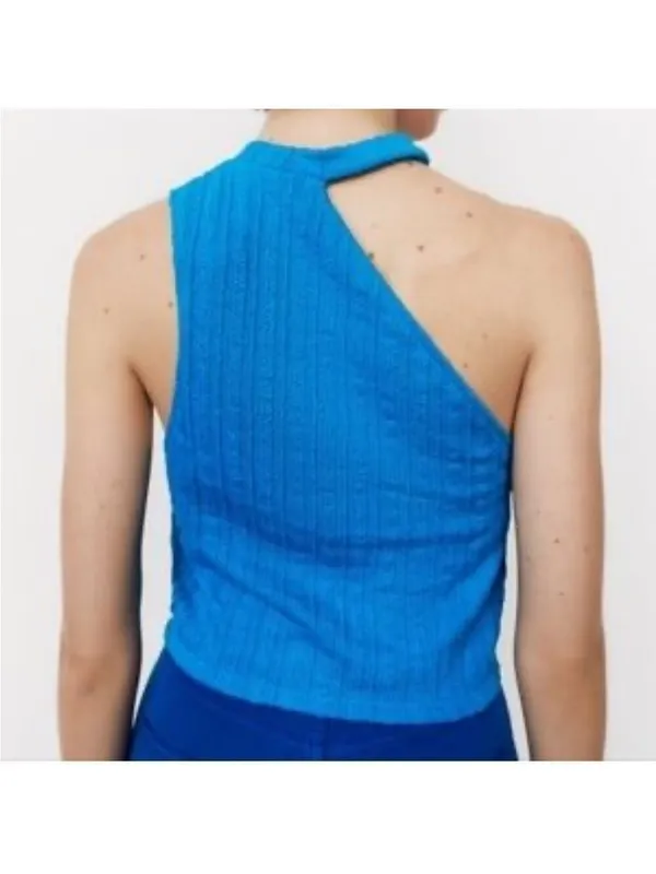 Nwt ZARA - ribbed asymmetrical cut out electric blue crop top Sz Large - Image 2