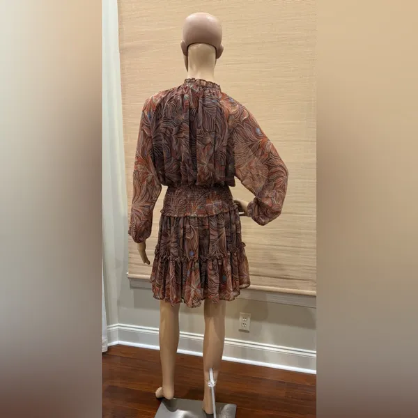 Olivaceous Brown, Blue and Tan Dress with Elastic Waist and Tiered Small - Image 3