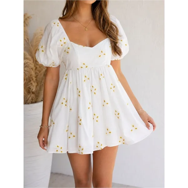 Altar’d State Daisy Embroidered Babydoll Mini Dress White Puff Sleeve Sz Medium - Image 11