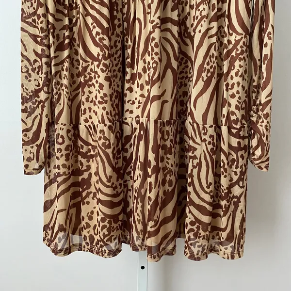 AFRM M Brown Animal Print Babydoll Dress Mesh Tiered Long‎ Sleeve - Image 3