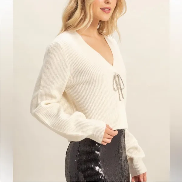 HYFVE Sparkly Bow Embellished Ivory Cardigan | Holiday Sweater - Image 2