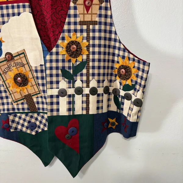 Handmade Autumn Patchwork Gingham Sunflower Cotton Vest Size L - Image 3