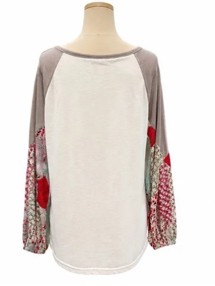 Easel Mixed Media Raglan Top Boho Patchwork Sleeve White Gray Size Medium - Image 3