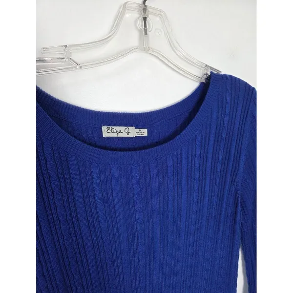 Eliza J Cobalt Blue Cable Knit Midi Dress Chevron Long Sleeve Modest Teacher M - Image 7