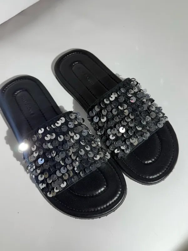 NWOT Free People Black Sequin Slide Sandals - Image 4