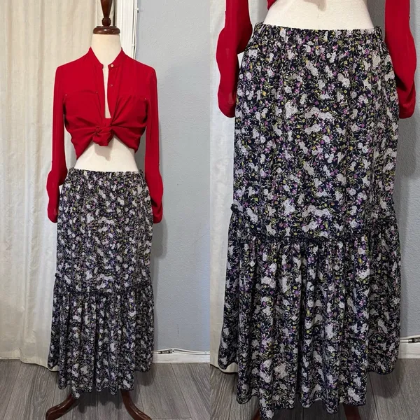 Cottagecore Metrowear Women's Midi Skirt Sz M Floral Lined Tiered‎ Elastic Waist - Image 2