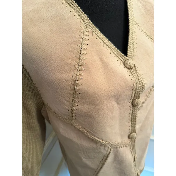 NWT VTG Selene Sport Cardigan Leather Patchwork Wool Blend Deadstock Mix Media - Image 3