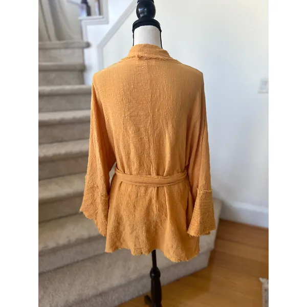 Urban Mango Boho Light Orange Raw Hem Embroidered Tie Waist Kimono - Image 5