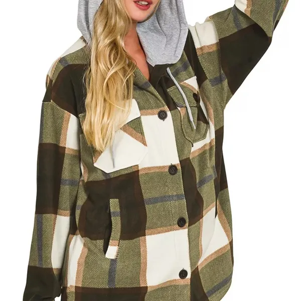 Zenana Plaid‎ Drawstring Hooded Fleece Shacket - Image 3