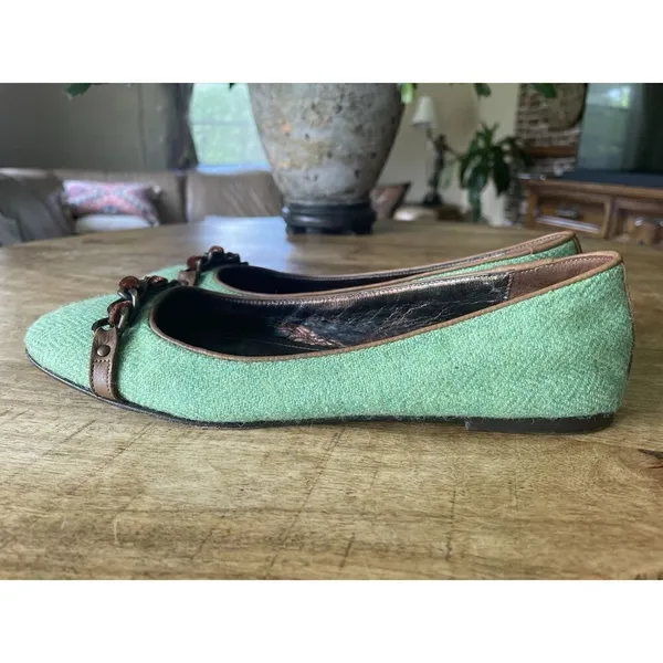 J.Crew Women’s Green Wool Ballet Flats Leather Lining and Chain Detail, Sz 7 - Image 3
