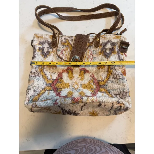 Myra Bag Southwestern Woven Rug Leather Tote Shoulder Bag Bohemian Concho Brown - Image 2