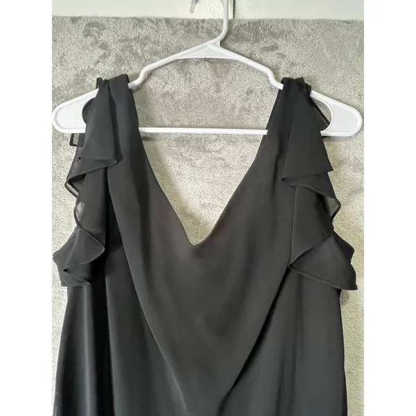 Vintage y2k Black Chiffon‎ Handkerchief Hem Dress Floral Beaded Embroidered Med - Image 2