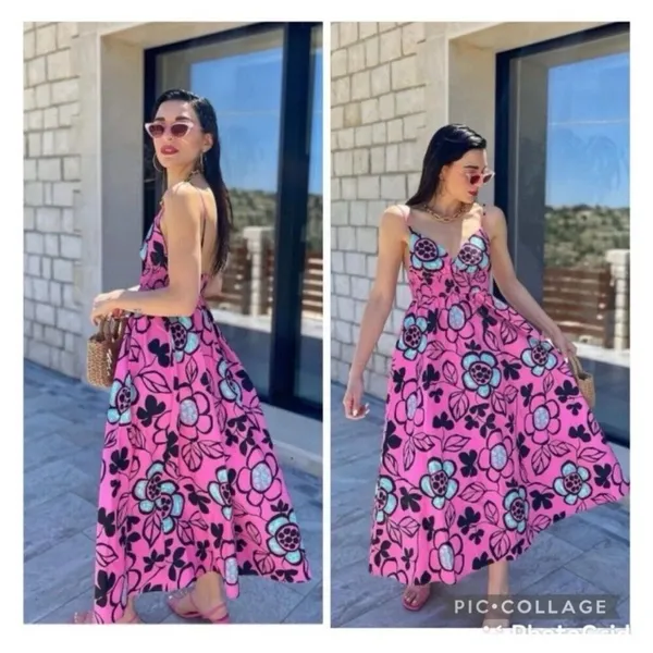 Zara Pink Black Floral Cotton Poplin‎ Midi Dress Size S - Image 6