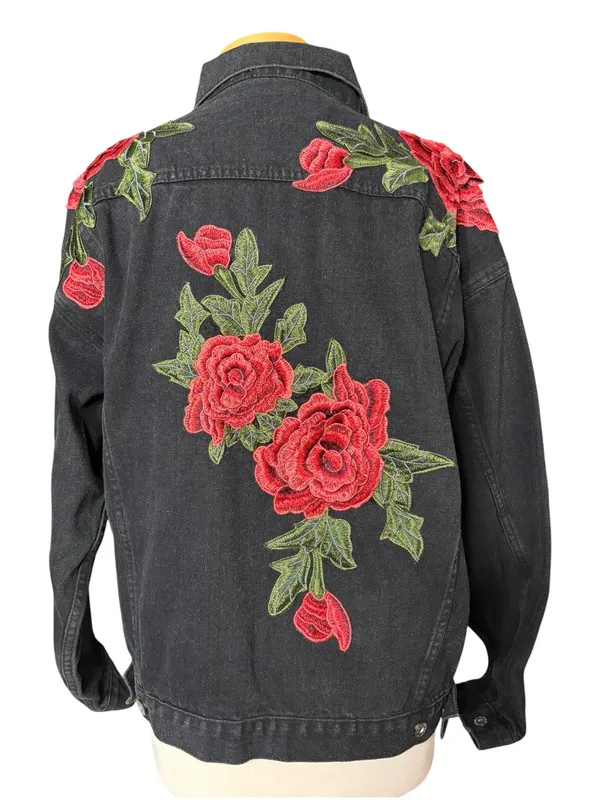 Carmar Black Denim Jacket with Red Rose Embroidery Size M - Image 3
