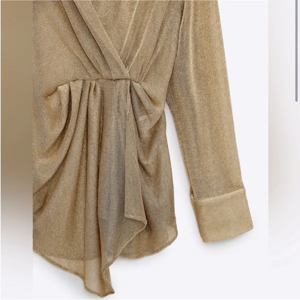 Zara NWT gold metallic knit ruched long sleeve blouse top semi sheer - Image 4