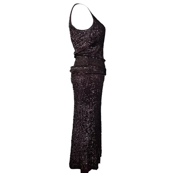 Vtg Chetta B Sequin Crochet Knit 2 Piece Skirt Set Sz M/L Dark Brown 90s Glam - Image 6